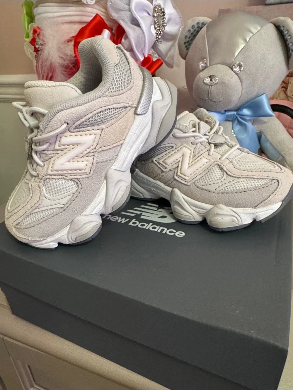 New Balance Kids' White and Light Gray Sneakers